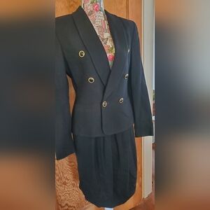 Black Wool Double-Breasted Jacket and Skirt Suit.